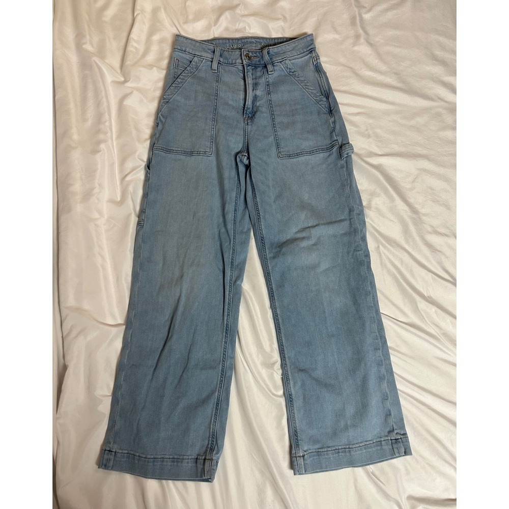American Eagle Super High-Rise Baggy Wide Leg Carpenter Jeans Light Wash 2 Short